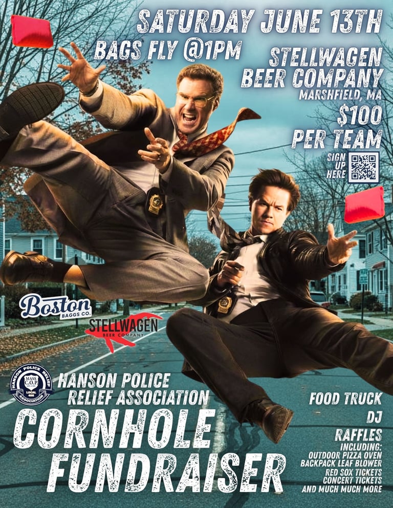 Two men kicking in the air at a cornhole fundraiser event poster for Hanson Police Relief Association on June 13th at Stellwagen Beer Company, Marshfield MA