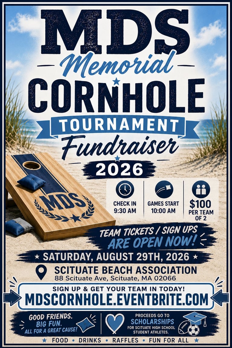 MDS Memorial Cornhole Tournament Fundraiser 2026 poster for August 29th at Scituate Beach Association with event details and registration information
