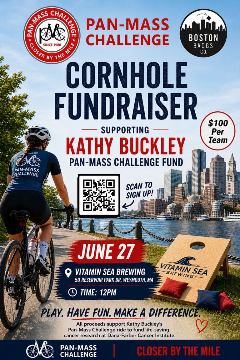 Cornhole fundraiser flyer for Kathy Buckley Pan-Mass Challenge, June 27 at Vitamin Sea Brewing in Weymouth, MA