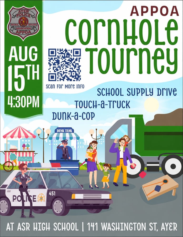 APPOA Cornhole Tournament flyer for Aug 15th at 4:30PM featuring school supply drive, touch-a-truck, and dunk-a-cop activities at ASR High School