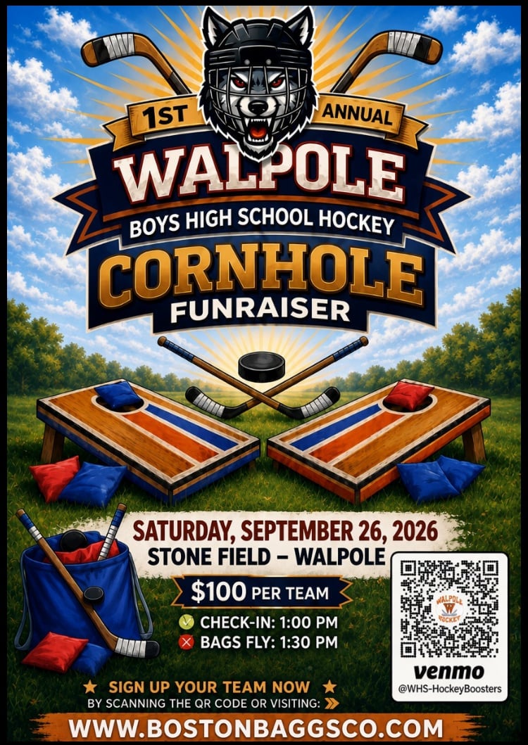 Flyer for 1st Annual Walpole Boys High School Hockey Cornhole Fundraiser on September 26, 2026, featuring wolf logo and cornhole boards