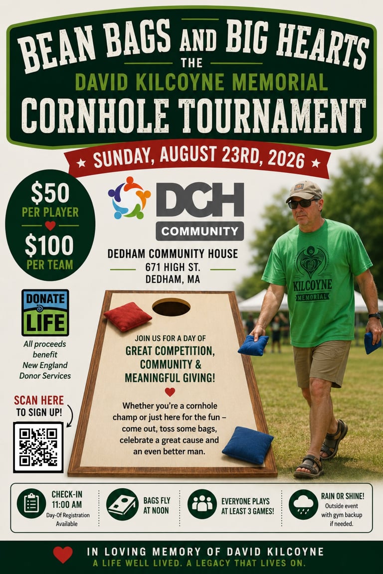 Poster for Bean Bags and Big Hearts cornhole tournament benefiting New England Donor Services, August 23rd 2026 at Dedham Community House