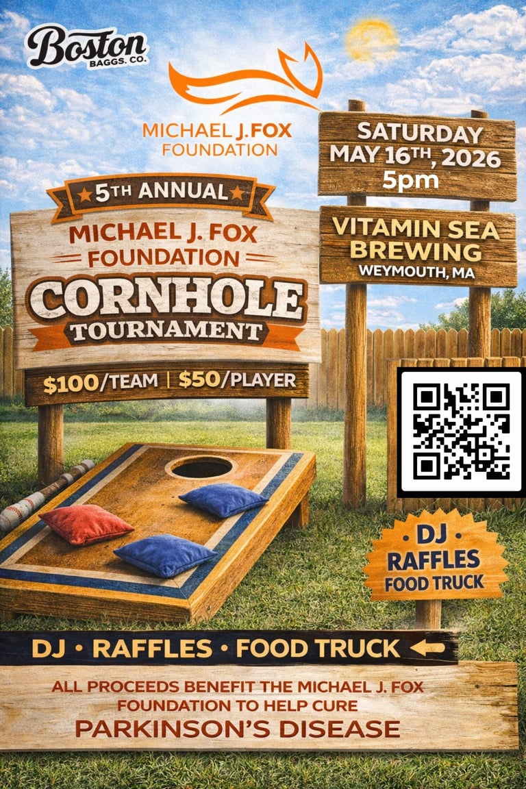 Flyer for 5th Annual Michael J. Fox Foundation Cornhole Tournament on May 16, 2026 at Vitamin Sea Brewing in Weymouth, MA benefiting Parkinsons disease research