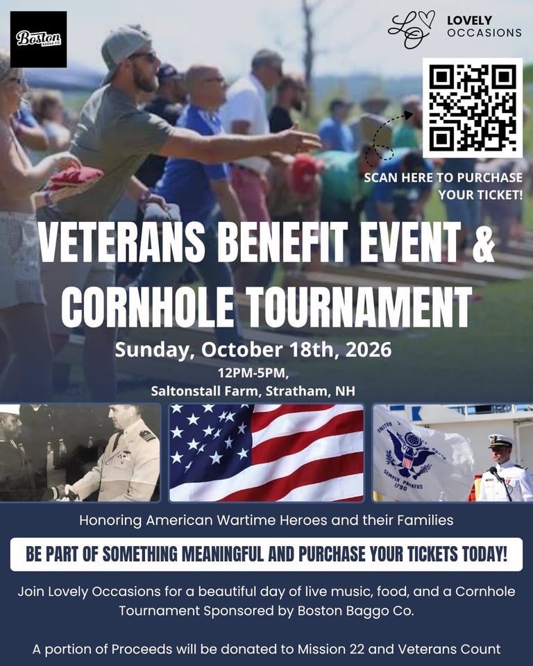 Promotional flyer for Veterans Benefit Event and Cornhole Tournament on October 18th, 2026 at Saltonstall Farm, Stratham NH, featuring live music, food, and cornhole competition sponsored by Boston Baggo Co.