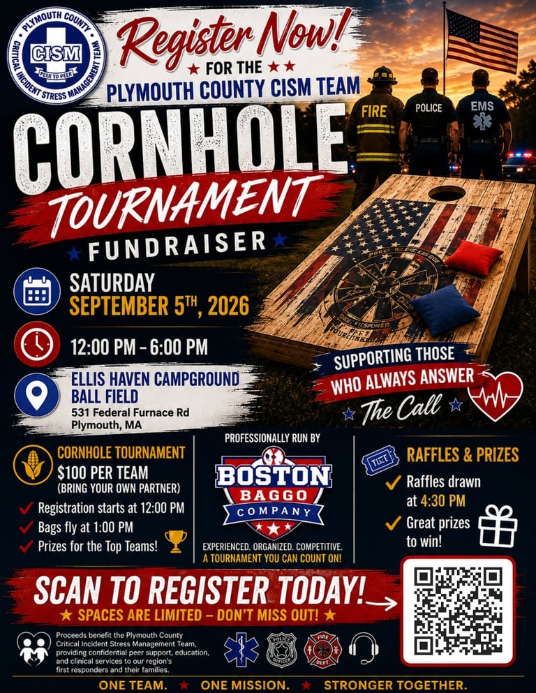 Promotional poster for Plymouth County CISM cornhole tournament fundraiser on September 5, 2026, featuring first responders and registration details