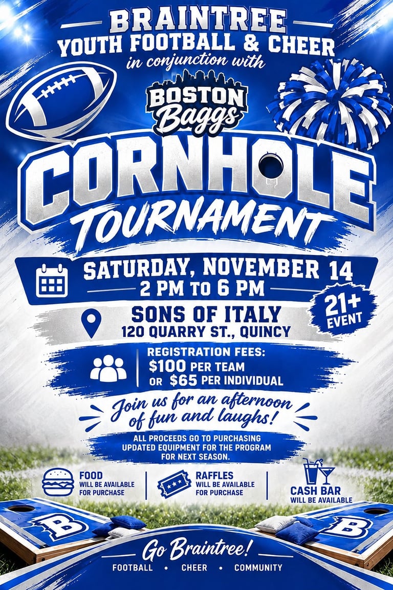 Braintree Youth Football and Cheer Cornhole Tournament flyer for Boston Baggs event on November 14, 2 PM to 6 PM at Sons of Italy in Quincy