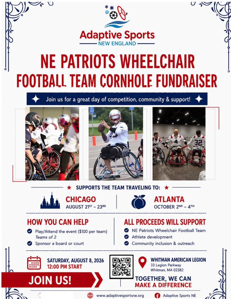 Adaptive Sports New England NE Patriots Wheelchair Football Team Cornhole Fundraiser flyer for August 8, 2026