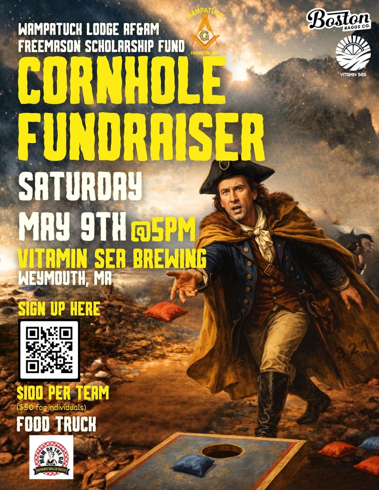 Promotional flyer for cornhole fundraiser featuring a pirate-themed character, mountains, and event details for May 9th at Vitamin Sea Brewing