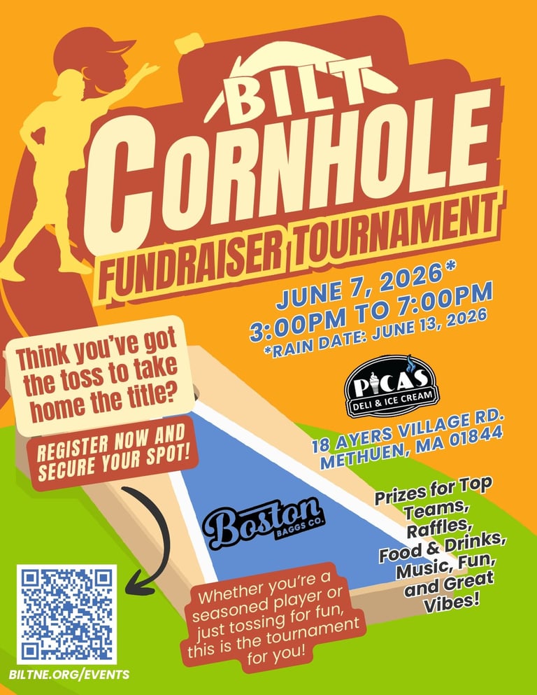 Retro-style poster for Bilt Cornhole Fundraiser Tournament on June 7, 2026 at Picas Deli in Meriden, MA with registration details and prize information