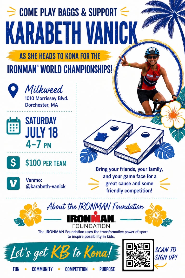 Event poster for cornhole tournament supporting Karabeth Vanick training for Ironman World Championships in Kona, July 18, 4-7pm at Milkweed for $100 per team